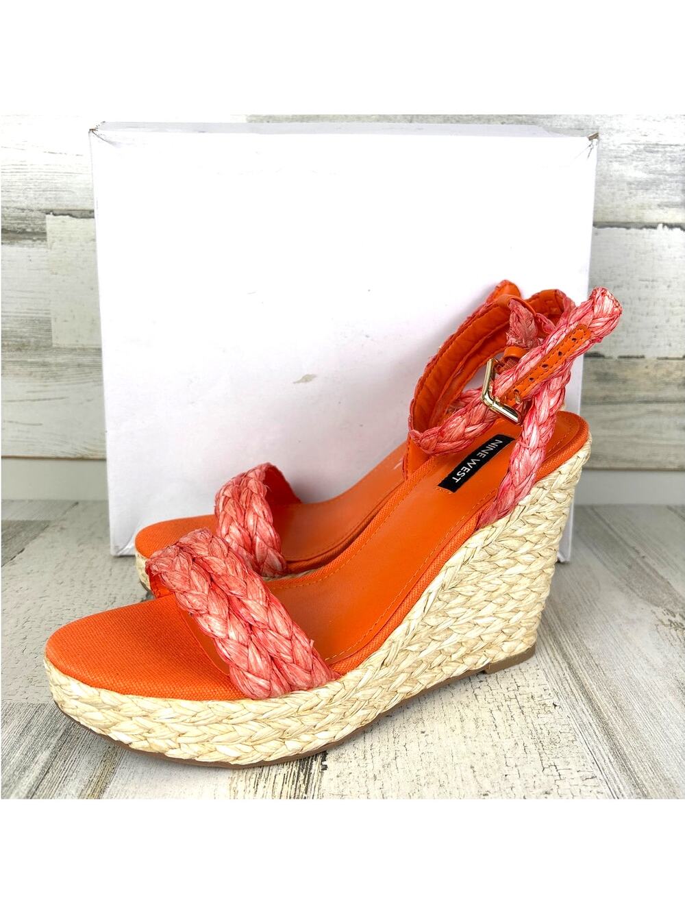 Nine West Womens 10 Orange Espadrille Woven Henri Round Toe Wedge Sandals NEW